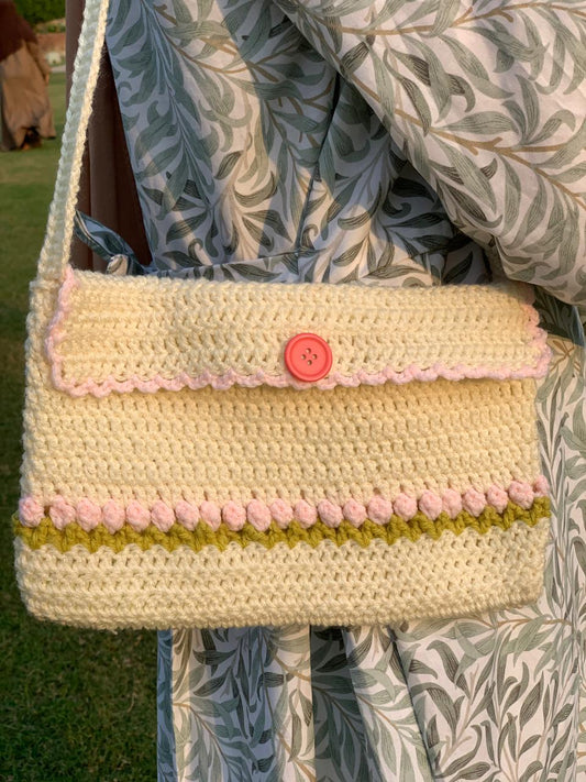 Floral Crochet Pouch with Strap – Pink Tulip Design, Spacious & Stylish