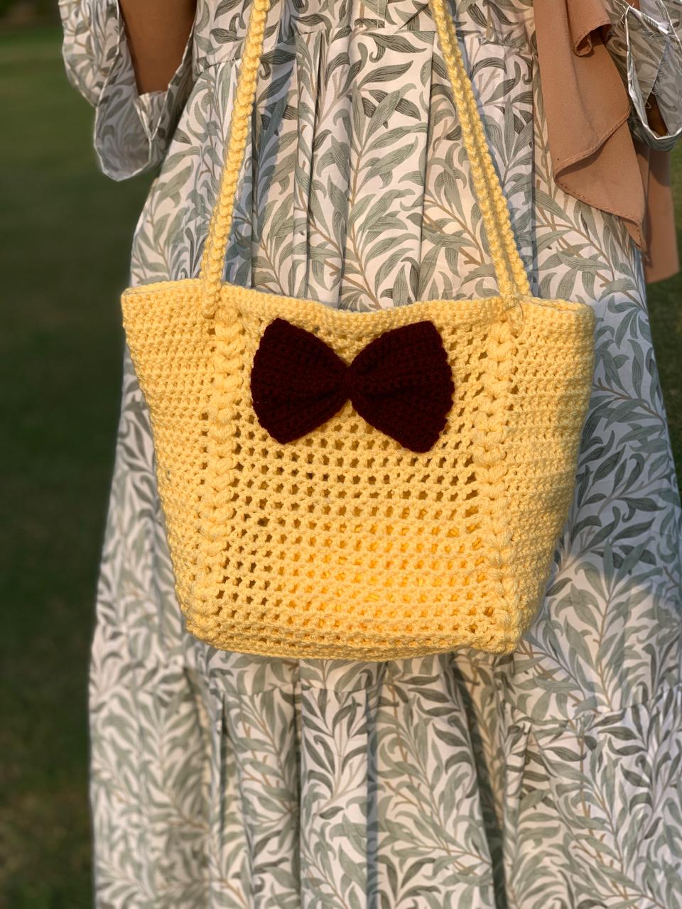 Handmade Yellow Crochet Bow Bag – Strap Handbag & Shoulder Purse