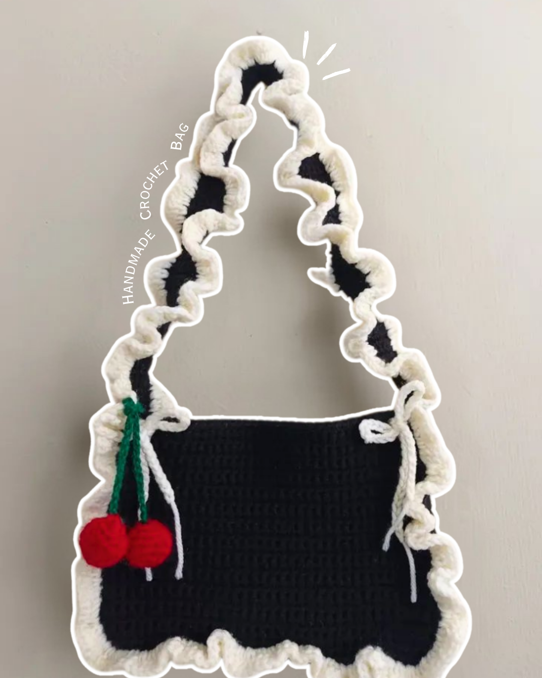Black Crochet Bag with White Floral Frill and Cherry Keychain – Elegant & Trendy Style