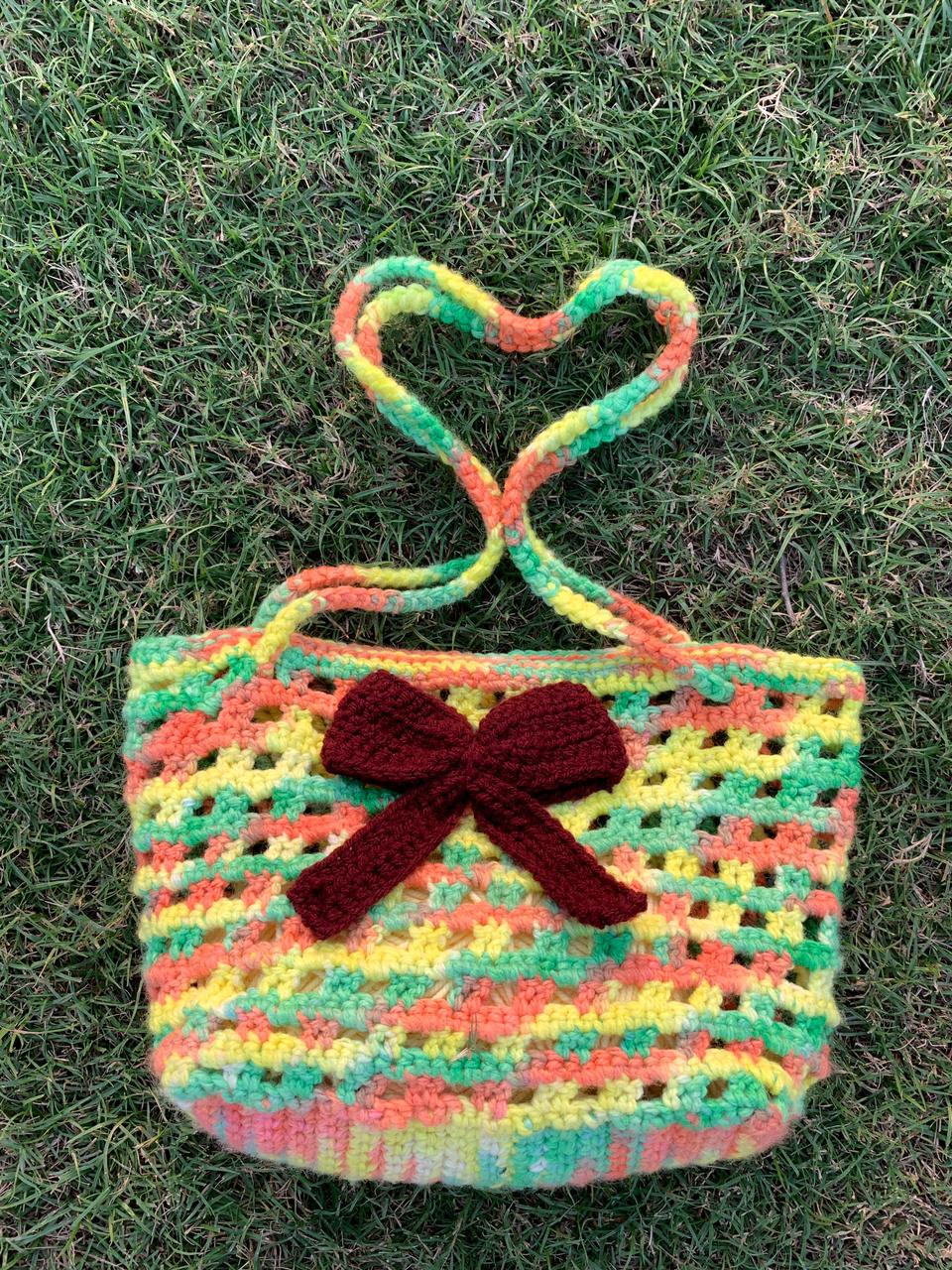 Multicolor Crochet Purse Bag with Maroon Bow – Stylish and Compact Accessory Bag