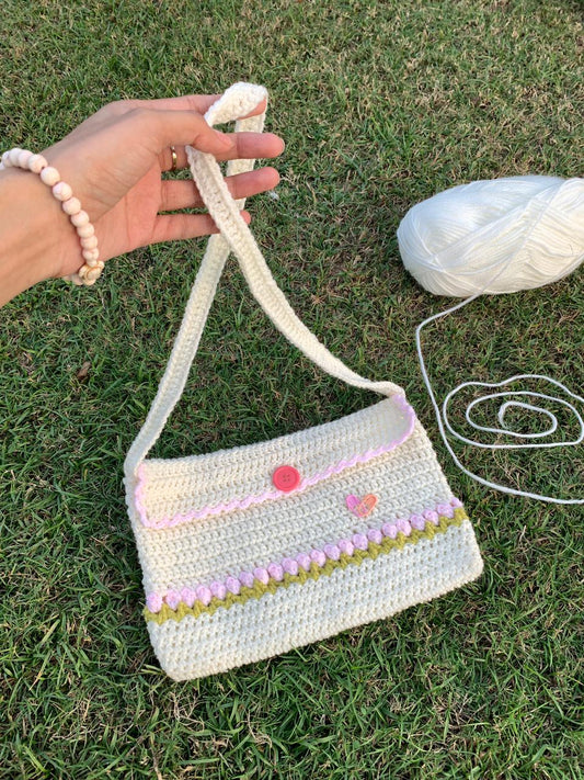 Floral Crochet Pouch with Strap – Pink Tulip Design, Spacious & Stylish