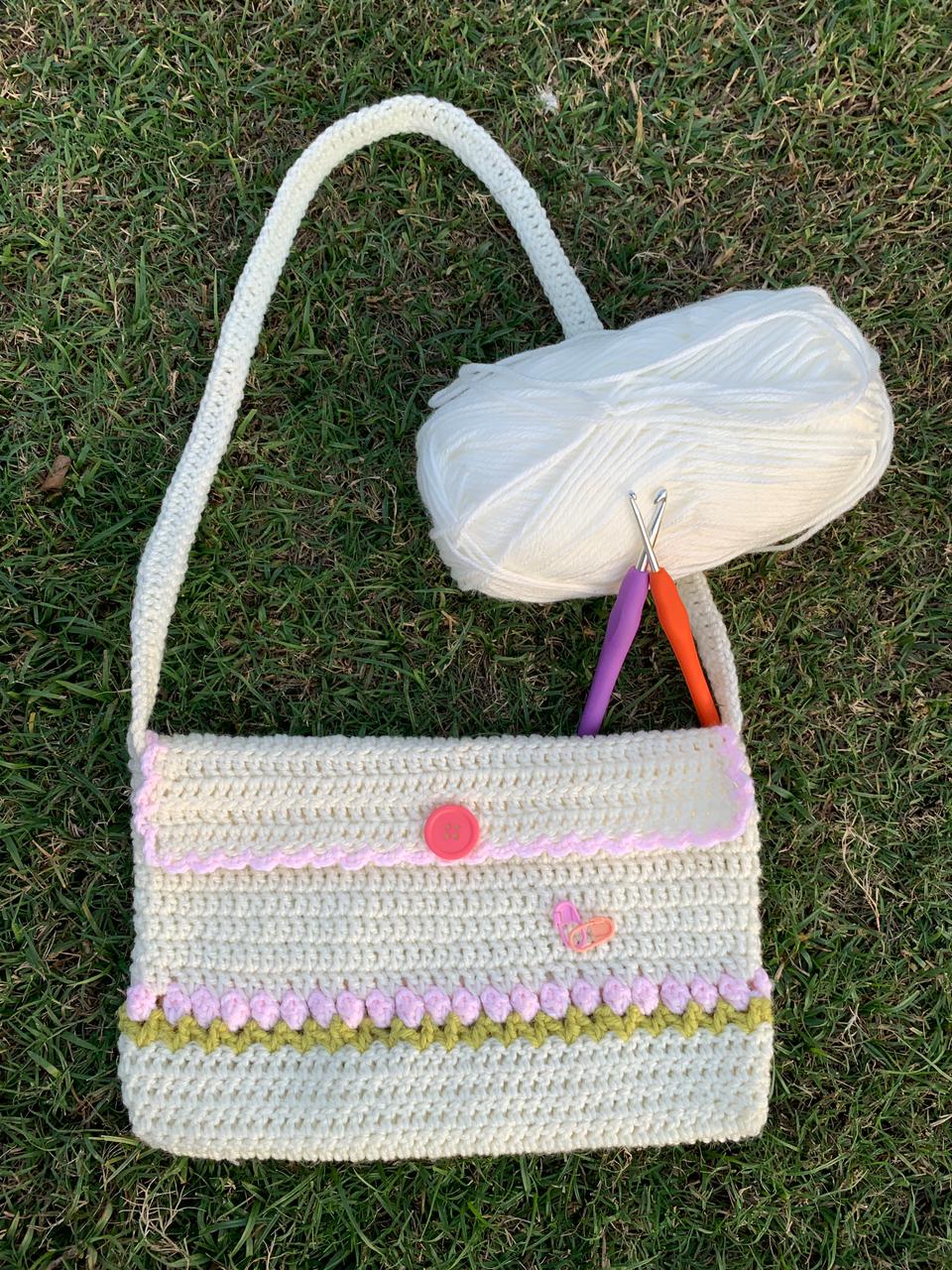 Floral Crochet Pouch with Strap – Pink Tulip Design, Spacious & Stylish