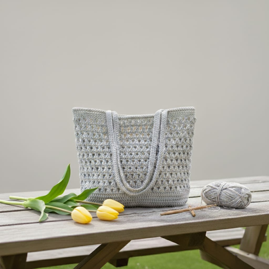 Grey Crochet Tote Bag – Large Capacity Shoulder Bag